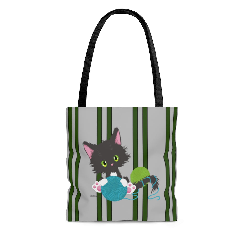 Grey Tuxedo Kitty Holding Ball of Yarn Cloth Tote Bag
