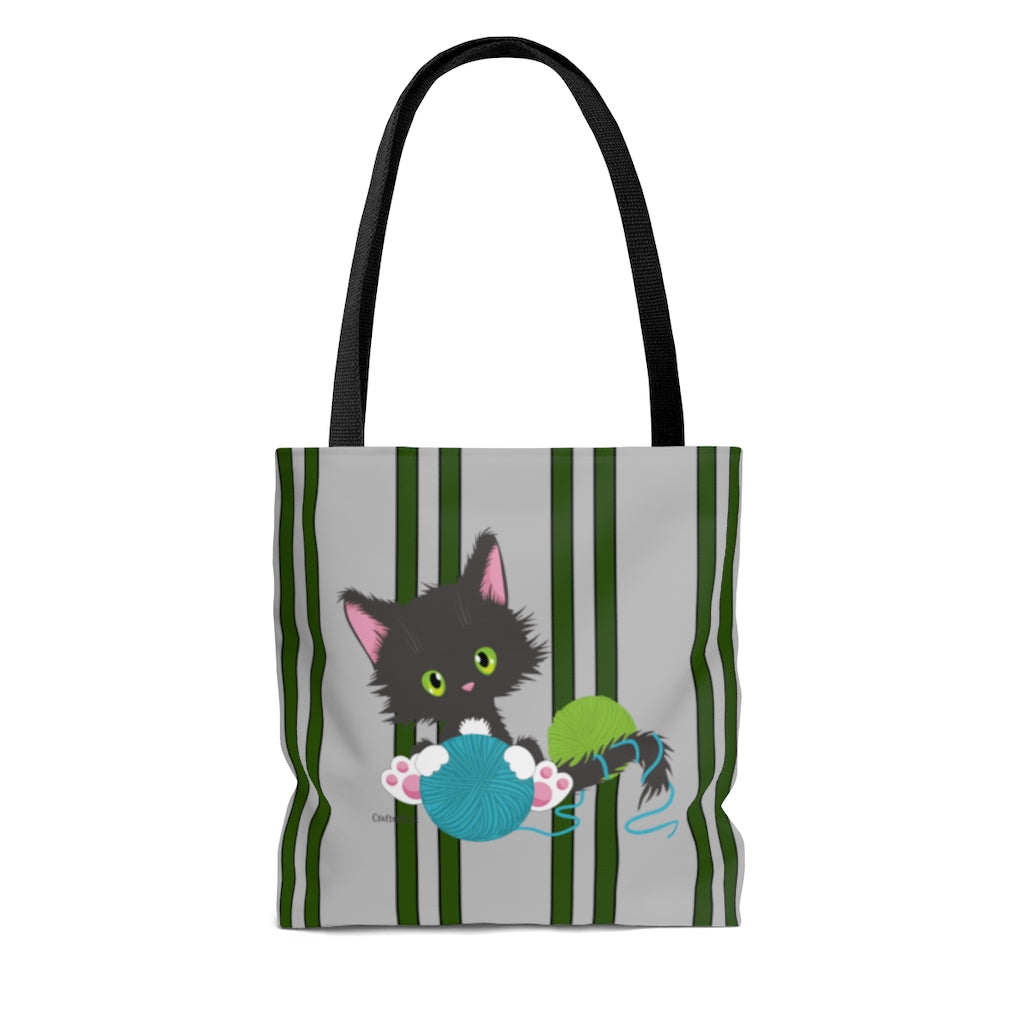 Grey Tuxedo Kitty Holding Ball of Yarn Cloth Tote Bag