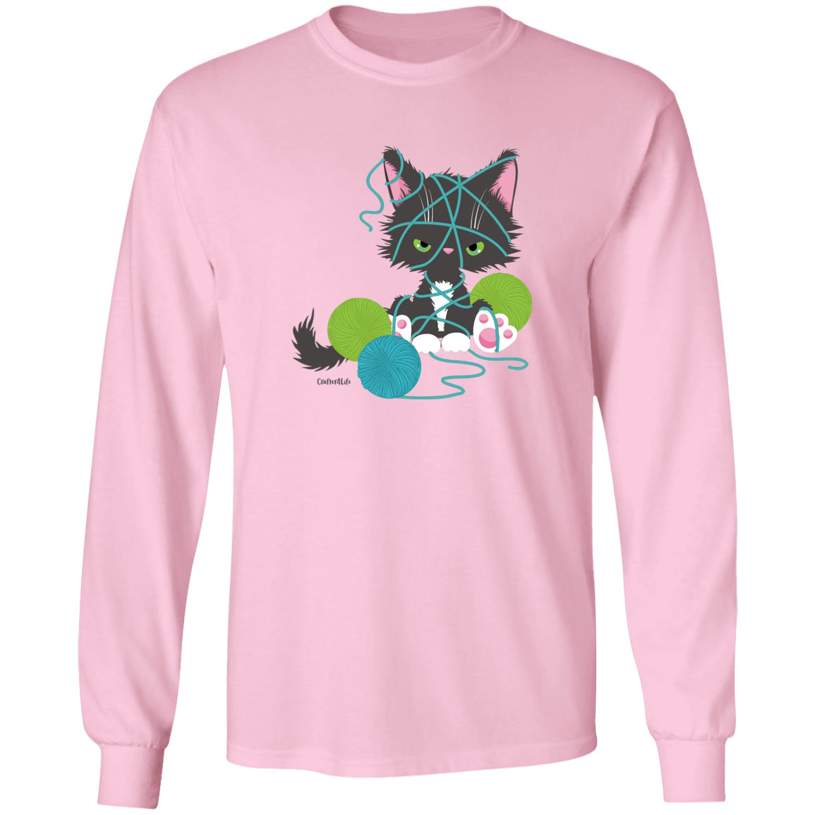 Grey Tuxedo Kitty with Yarn LS Ultra Cotton T-Shirt