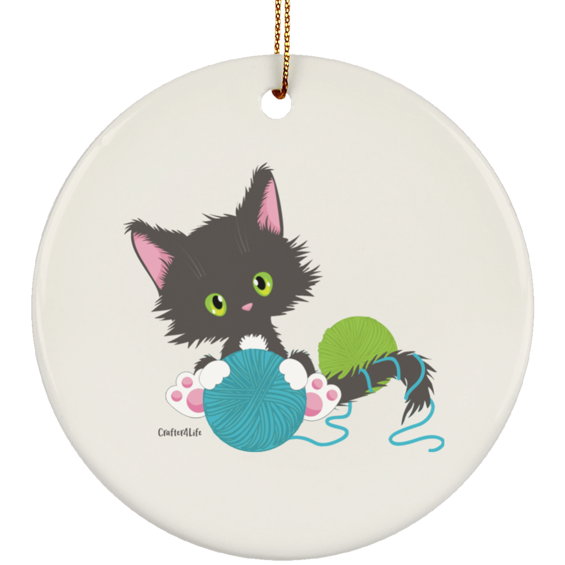 Grey Tuxedo Kitty Holding Ball of Yarn Ornaments