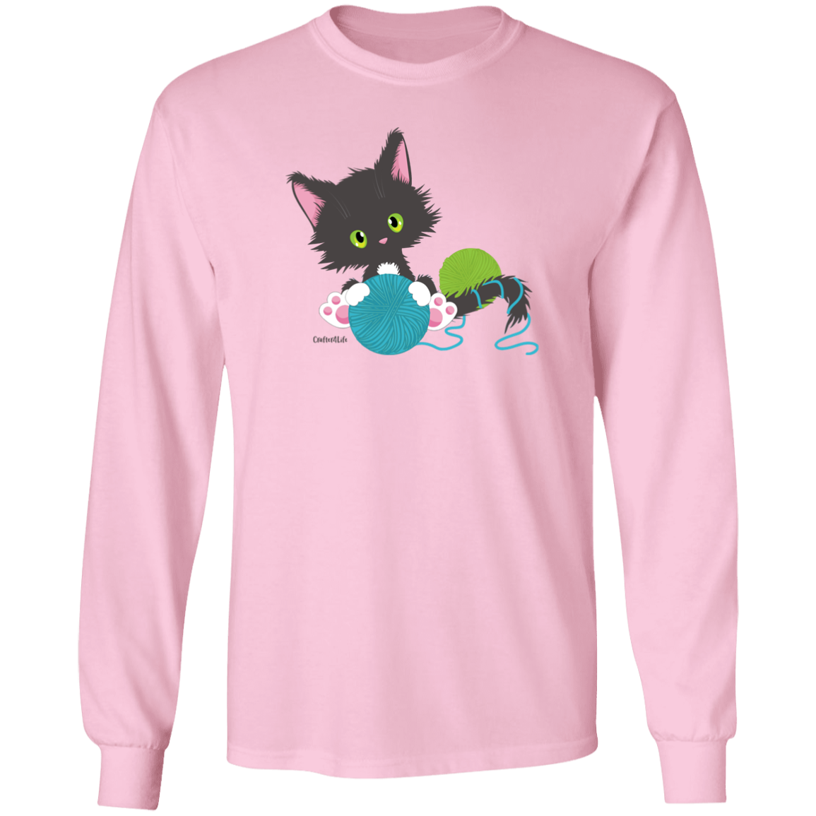 Grey Tuxedo Kitty Holding Ball of Yarn LS Ultra Cotton T-Shirt