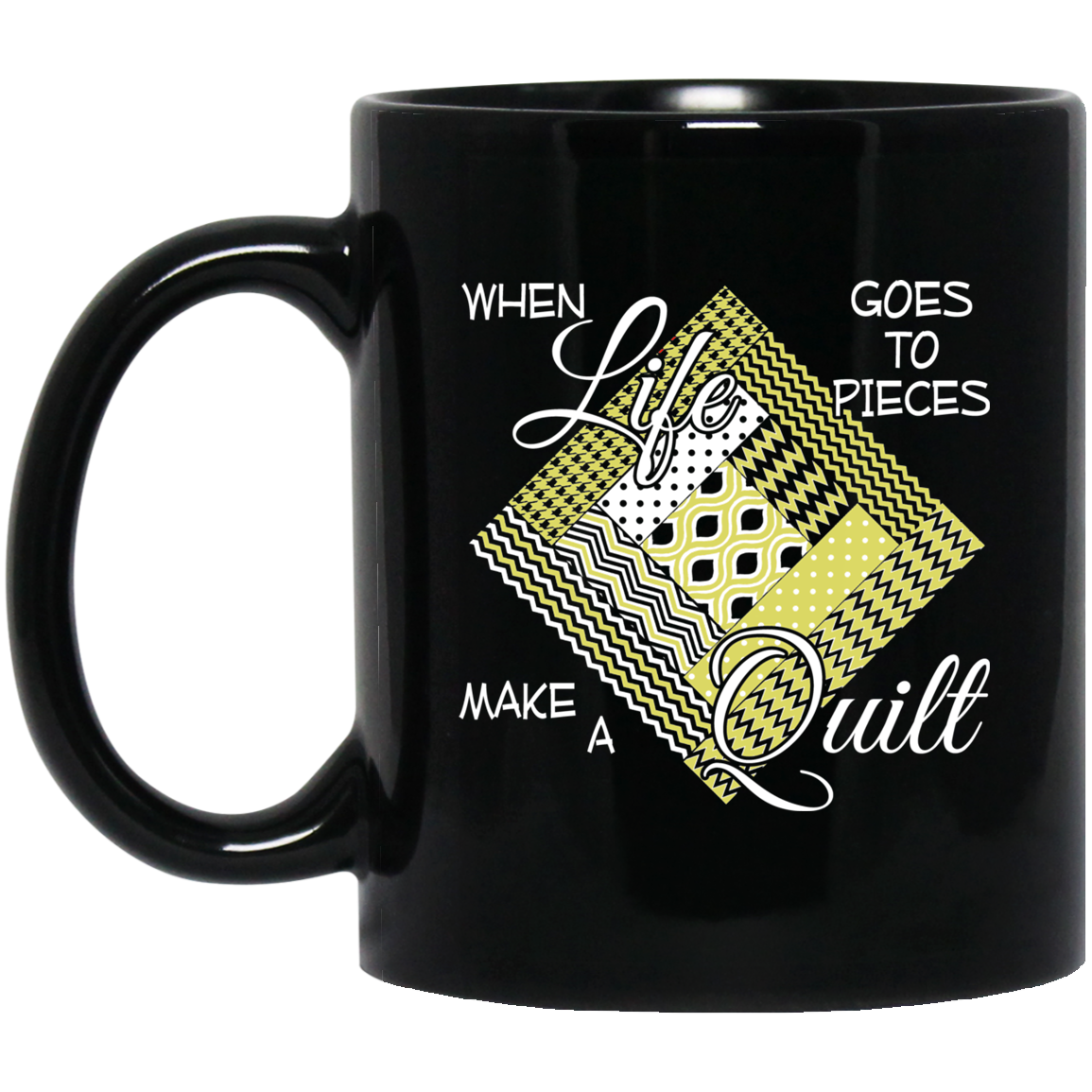 Make a Quilt (yellow) Black Mugs