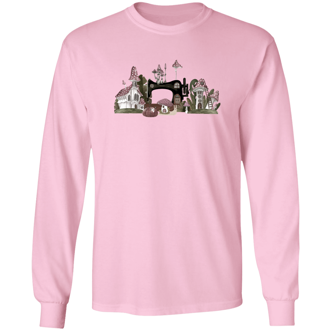 Cottagecore Sewing Mushroom Village Long Sleeve T-Shirt - Cute Gift for Sewing Friends