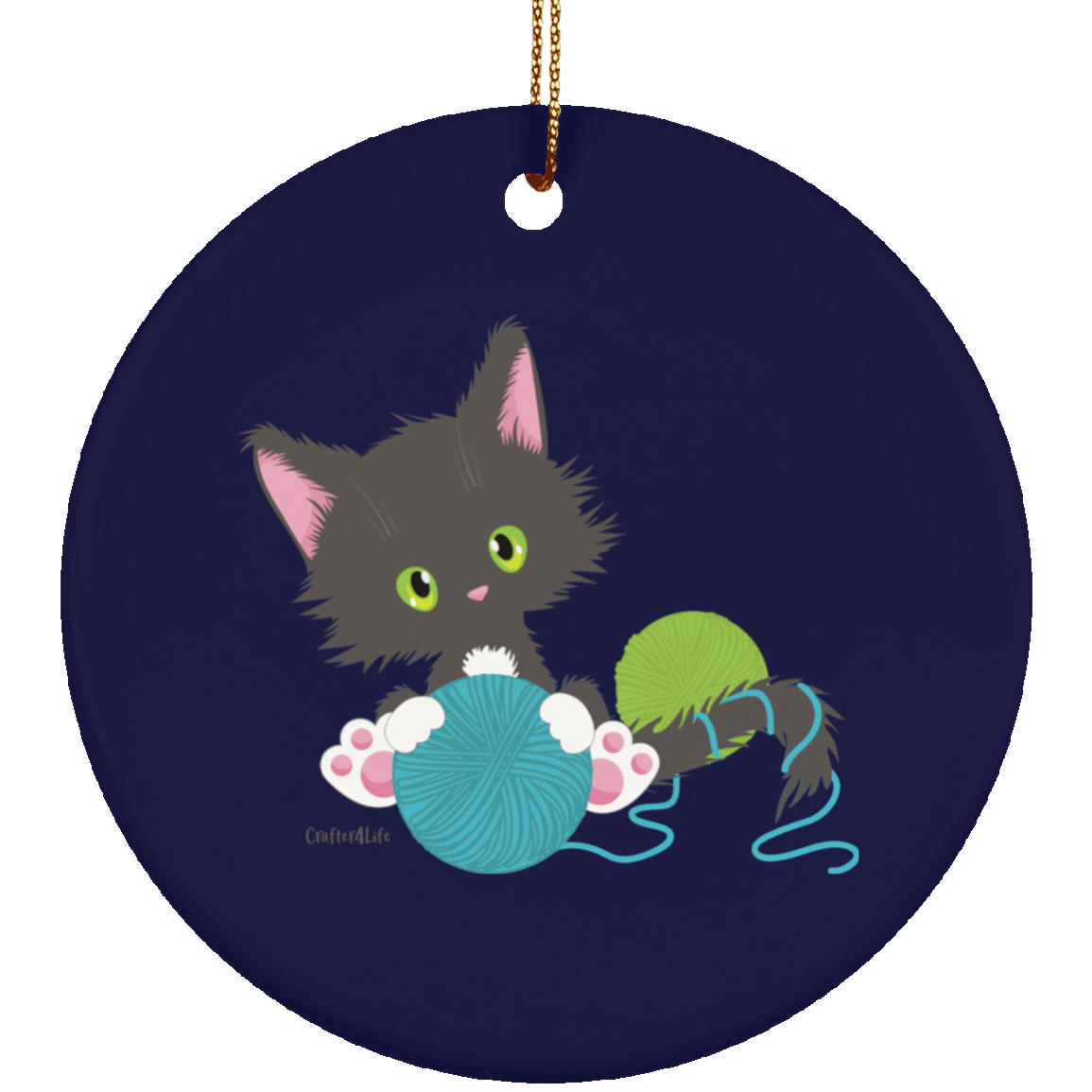 Grey Tuxedo Kitty Holding Ball of Yarn Ornaments