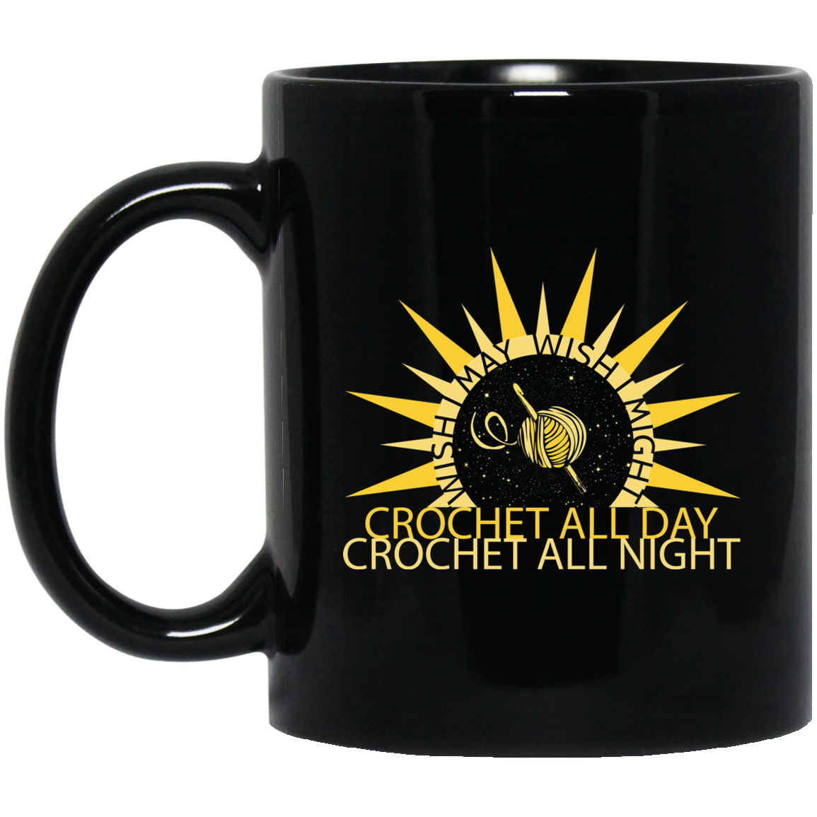 Wish I May Crochet Black Ceramic Mugs