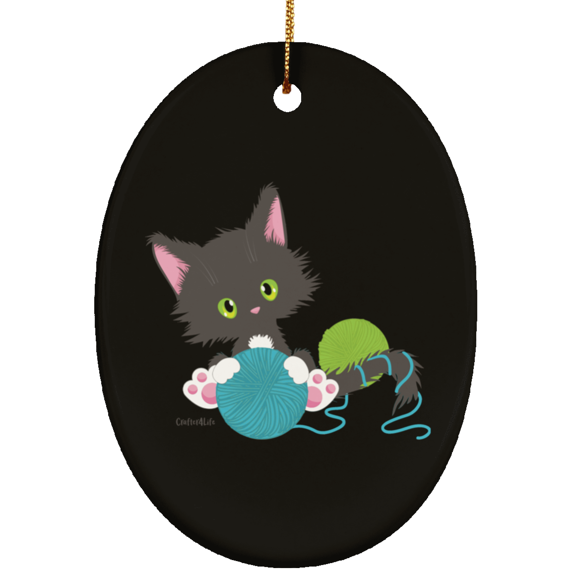 Grey Tuxedo Kitty Holding Ball of Yarn Ornaments