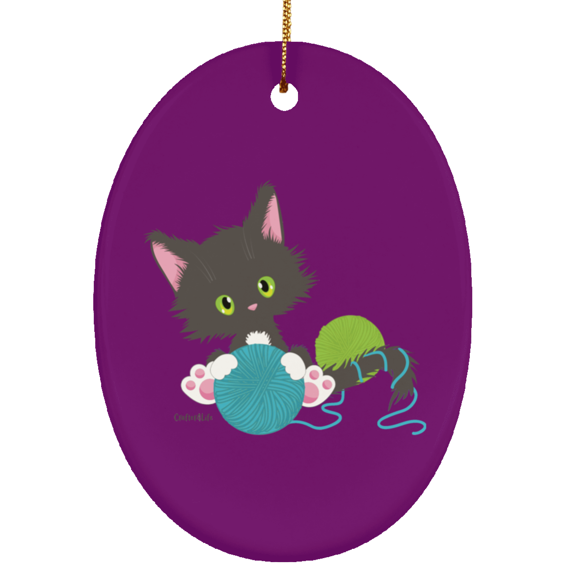 Grey Tuxedo Kitty Holding Ball of Yarn Ornaments