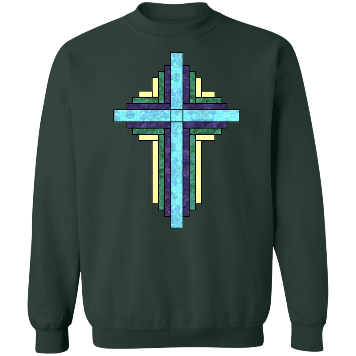 Batik Stained Glass Quilt Cross Crewneck Pullover Sweatshirt