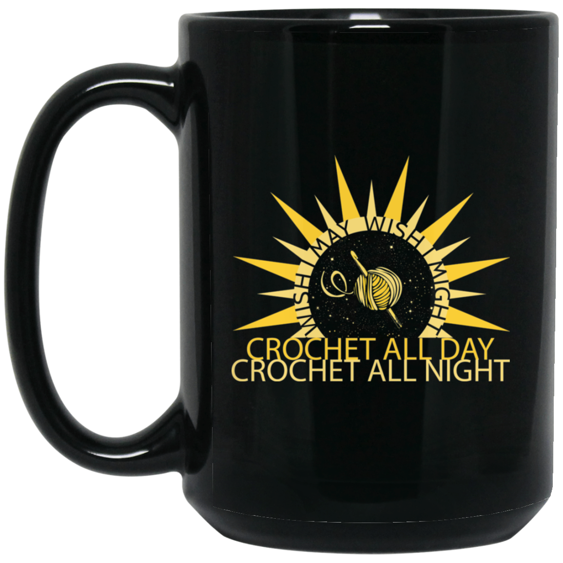 Wish I May Crochet Black Ceramic Mugs