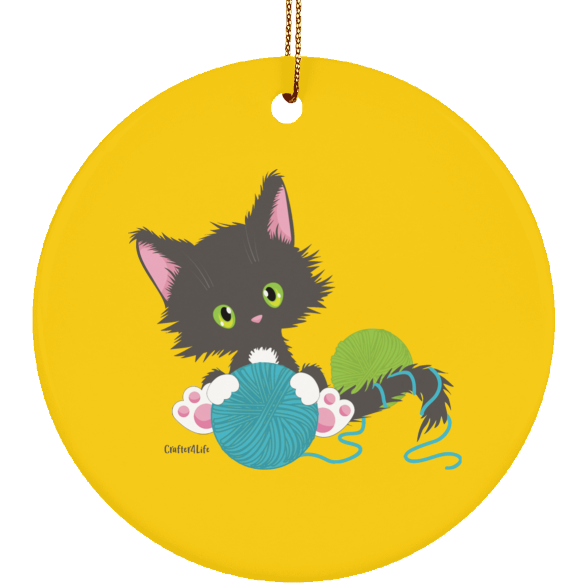 Grey Tuxedo Kitty Holding Ball of Yarn Ornaments