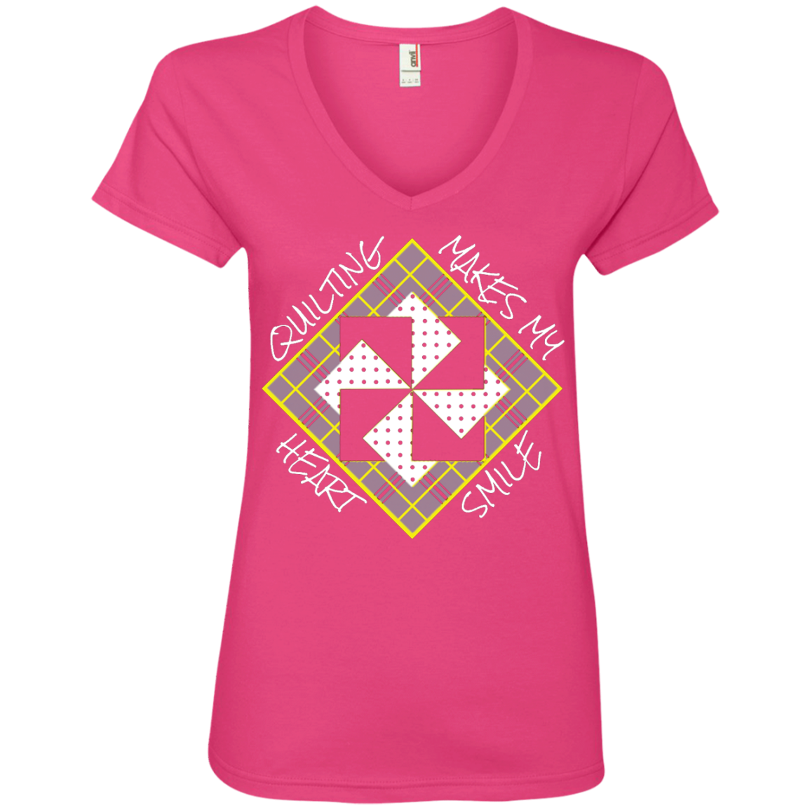 Quilting Makes My Heart Smile Ladies V-Neck Tee