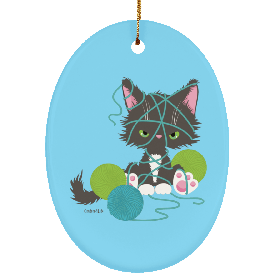Grey Tuxedo Kitty with Yarn Ornaments