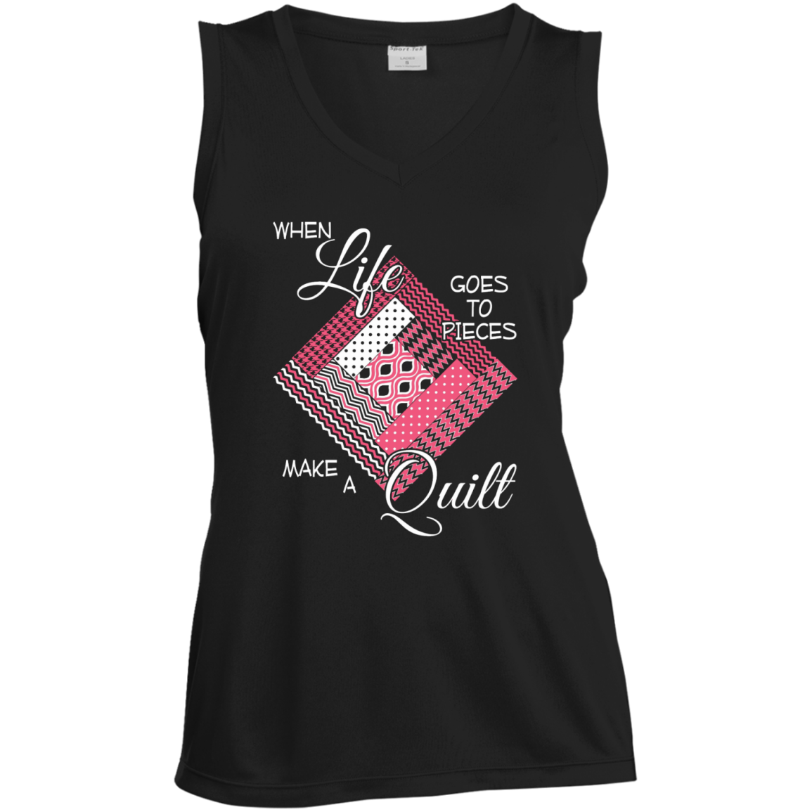 Make a Quilt (pink) Ladies Sleeveless V-Neck - Crafter4Life - 2