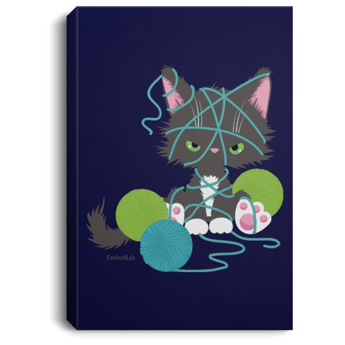 Grey Tuxedo Kitty with Yarn Canvas Wall Art