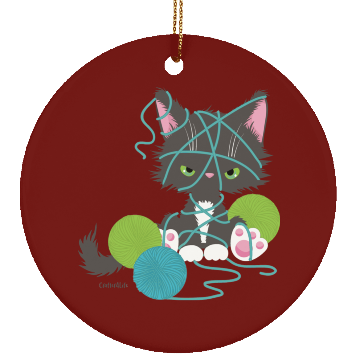 Grey Tuxedo Kitty with Yarn Ornaments