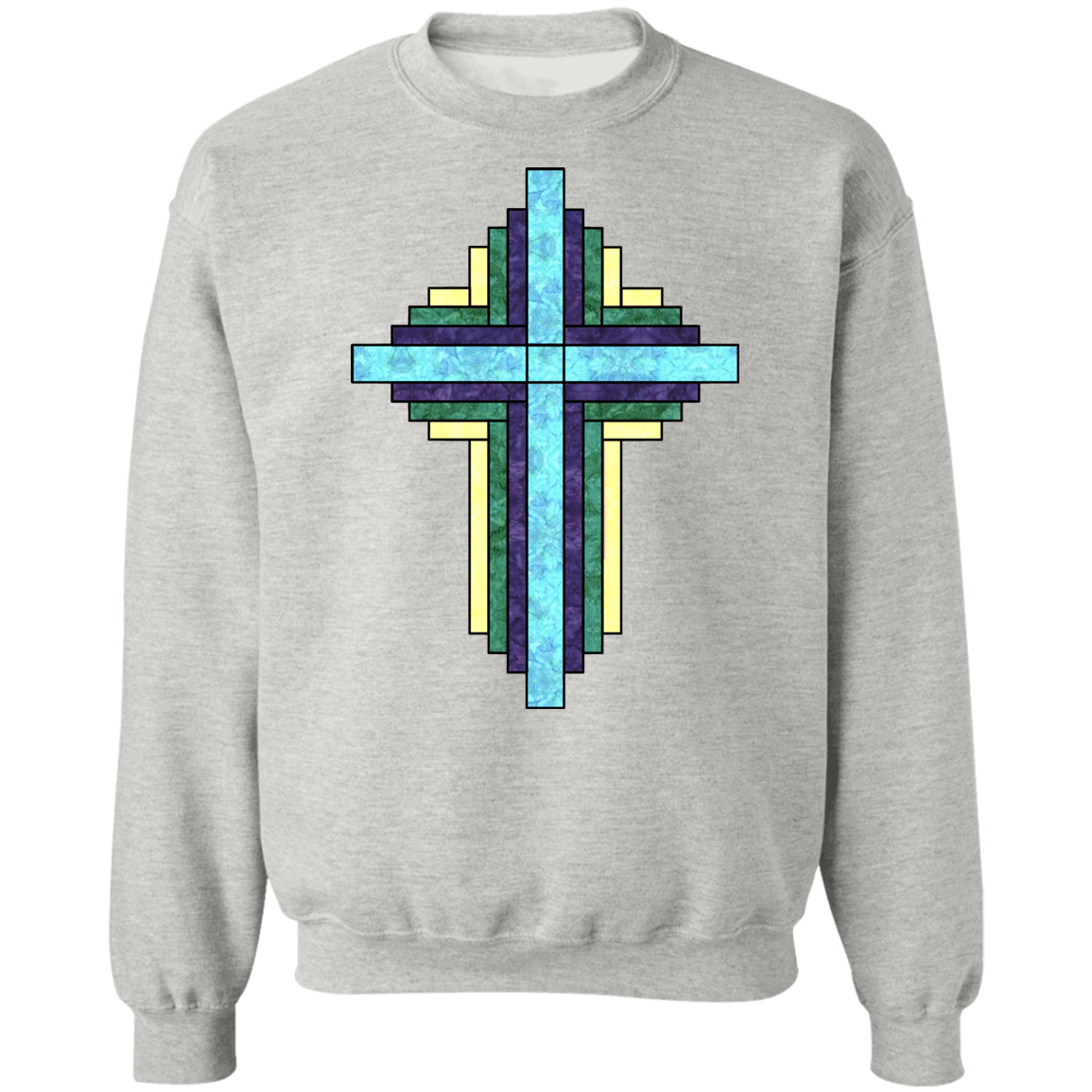 Batik Stained Glass Quilt Cross Crewneck Pullover Sweatshirt
