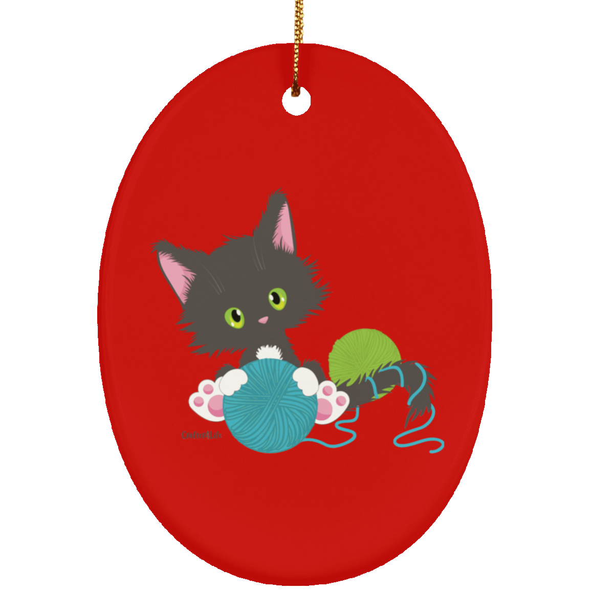 Grey Tuxedo Kitty Holding Ball of Yarn Ornaments