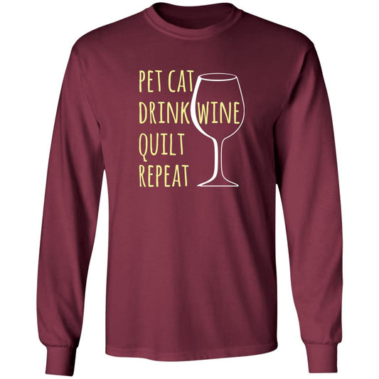 Pet Cat-Drink Wine-Quilt Long Sleeve T-Shirt