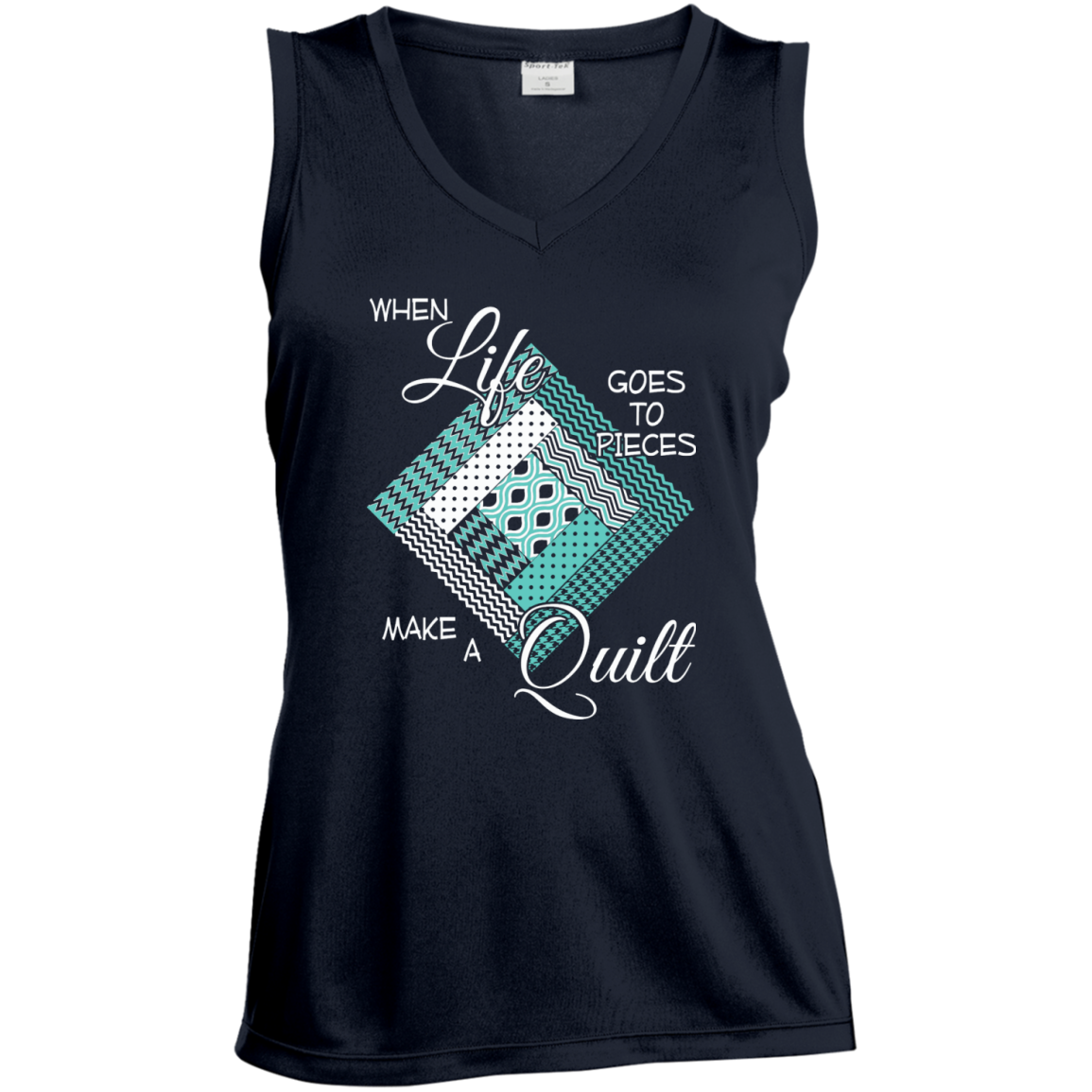 Make a Quilt (turquoise) Ladies Sleeveless V-Neck - Crafter4Life - 3
