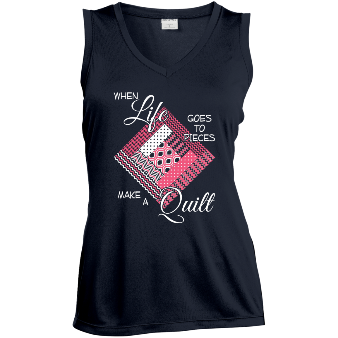 Make a Quilt (pink) Ladies Sleeveless V-Neck - Crafter4Life - 3