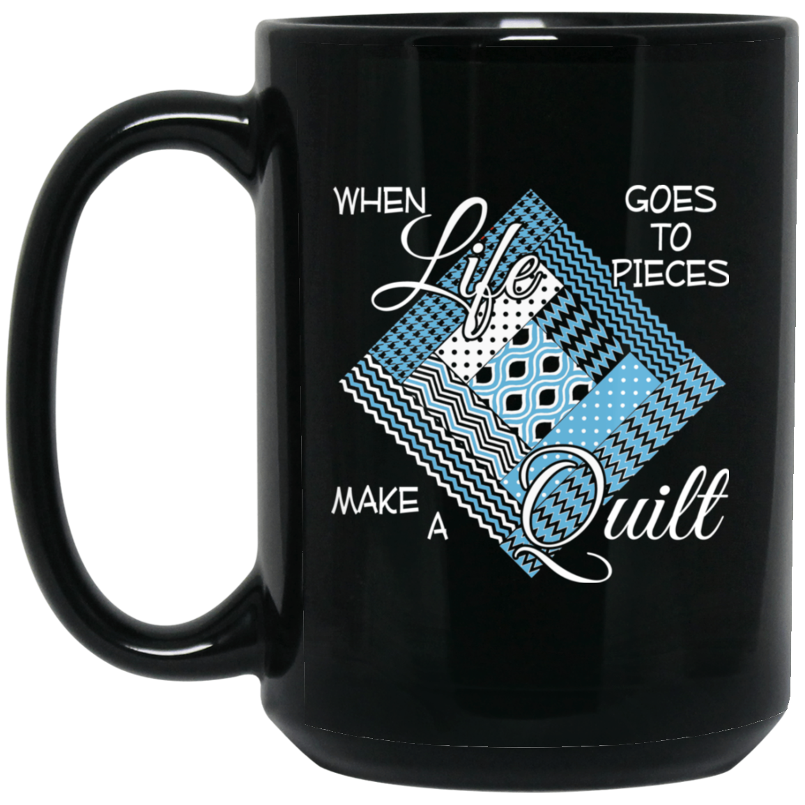 Make a Quilt (blue) Black Mugs