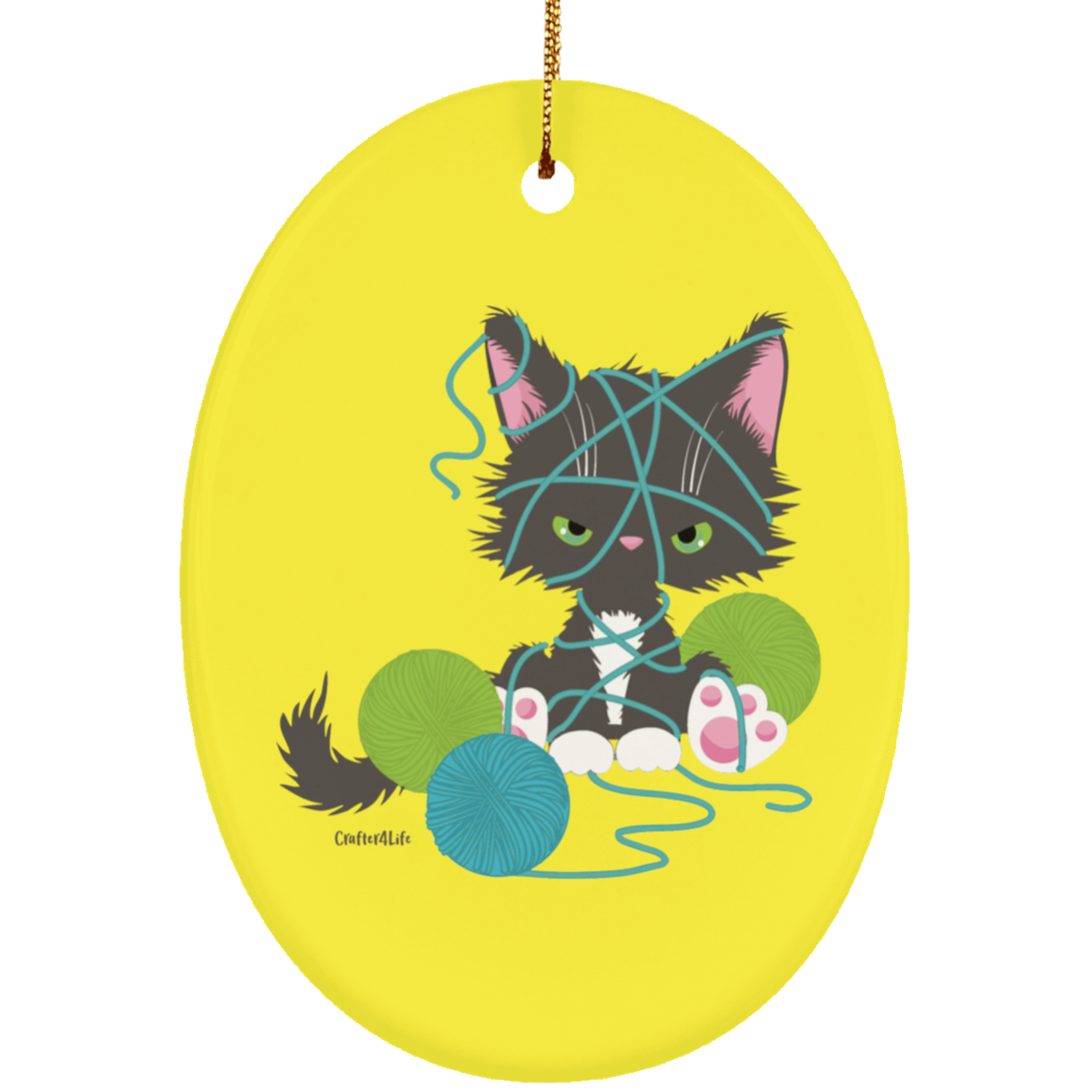 Grey Tuxedo Kitty with Yarn Ornaments