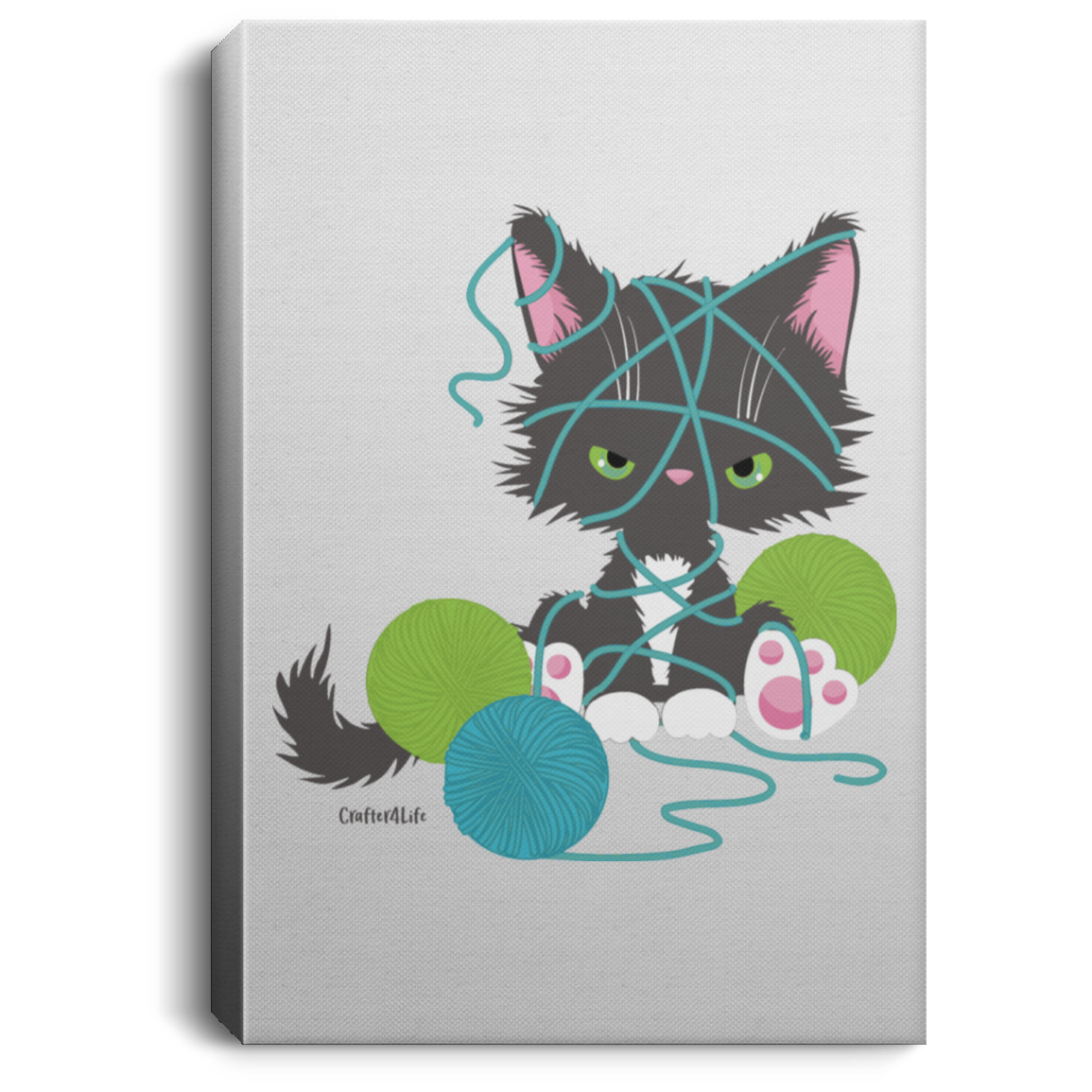 Grey Tuxedo Kitty with Yarn Canvas Wall Art