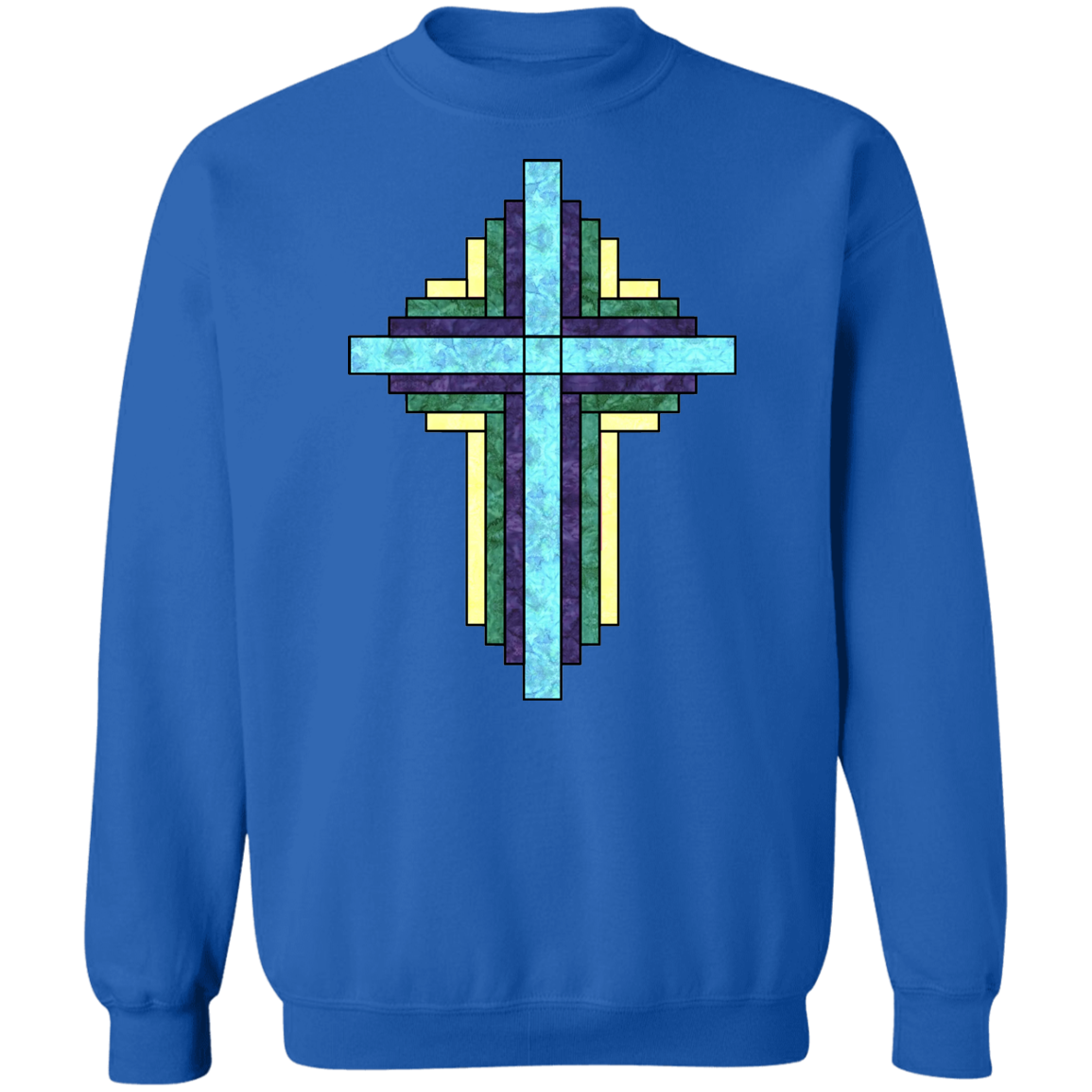 Batik Stained Glass Quilt Cross Crewneck Pullover Sweatshirt