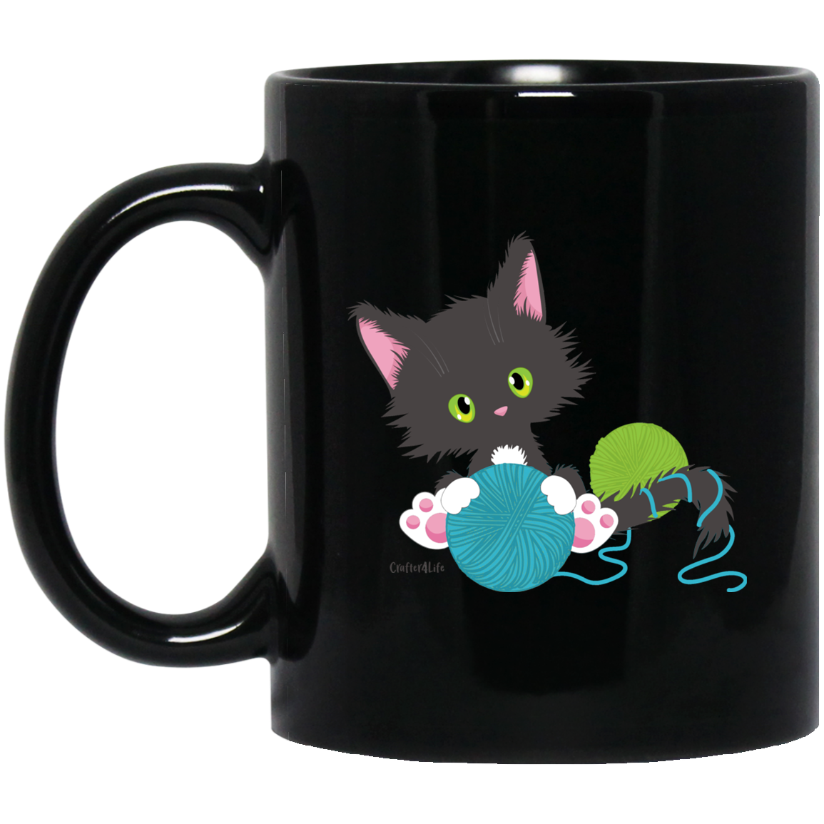 Grey Tuxedo Kitty Holding Ball of Yarn Mugs
