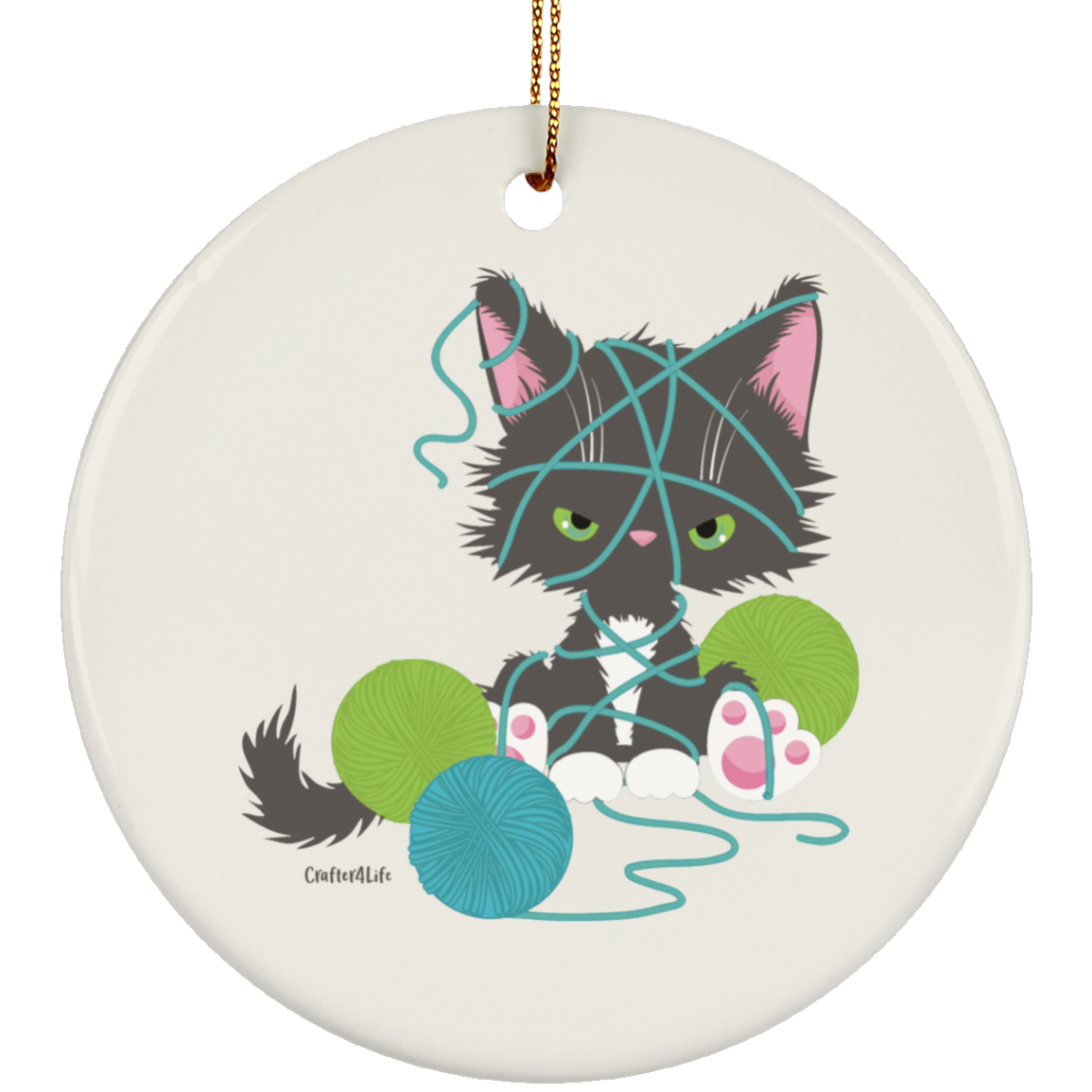 Grey Tuxedo Kitty with Yarn Ornaments