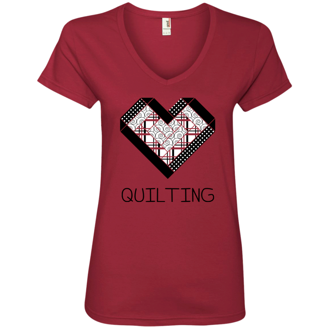 Log Cabin Heart Quilting Ladies V-Neck T-Shirt