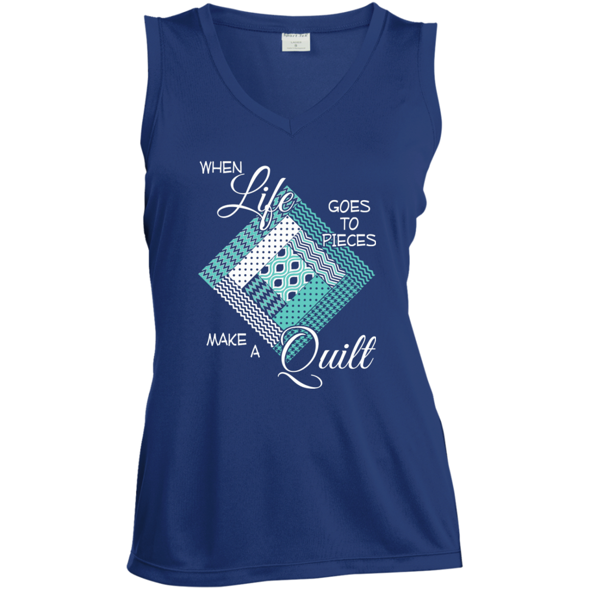 Make a Quilt (turquoise) Ladies Sleeveless V-Neck - Crafter4Life - 5