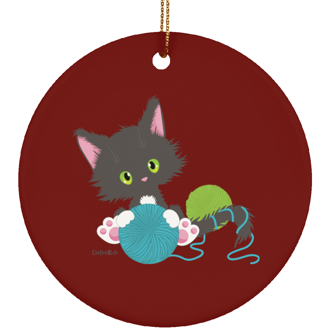 Grey Tuxedo Kitty Holding Ball of Yarn Ornaments