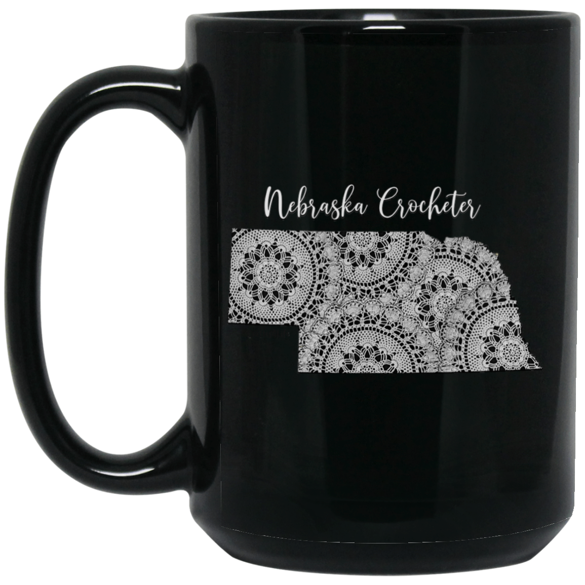 Nebraska Crocheter Black Mugs