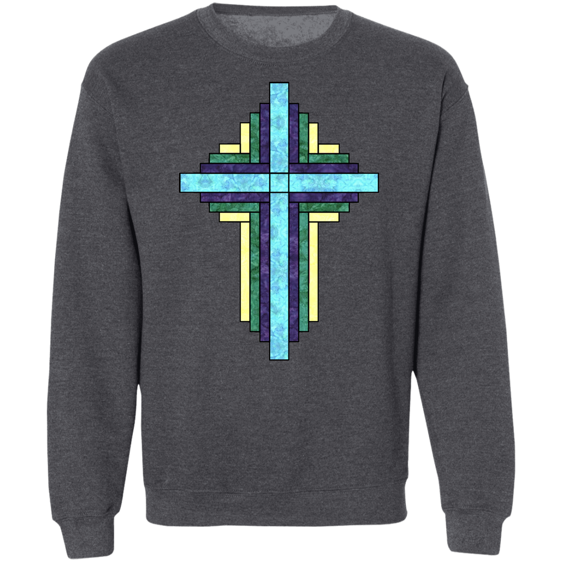 Batik Stained Glass Quilt Cross Crewneck Pullover Sweatshirt