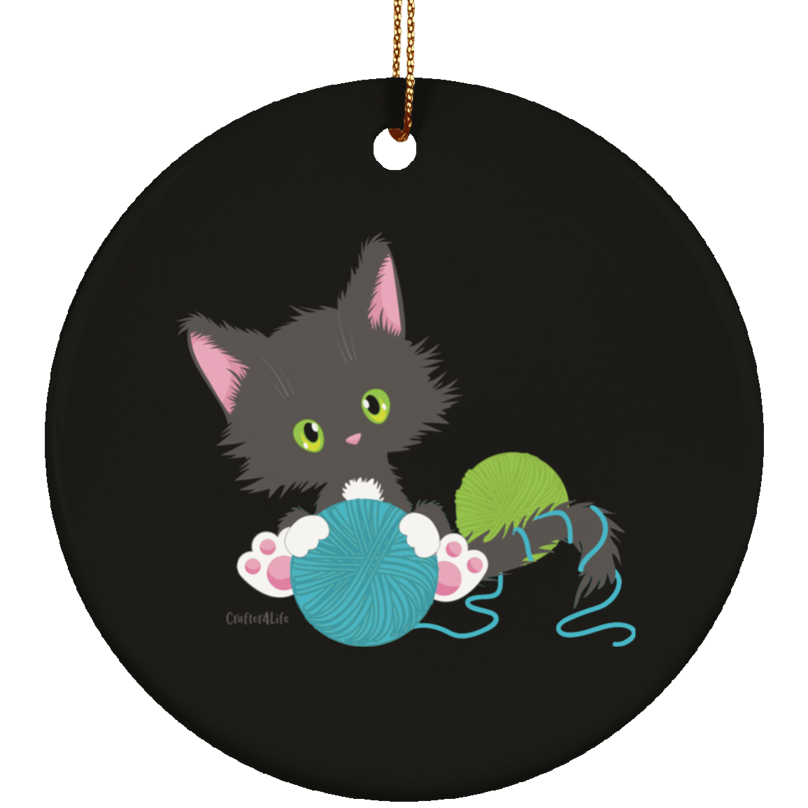 Grey Tuxedo Kitty Holding Ball of Yarn Ornaments