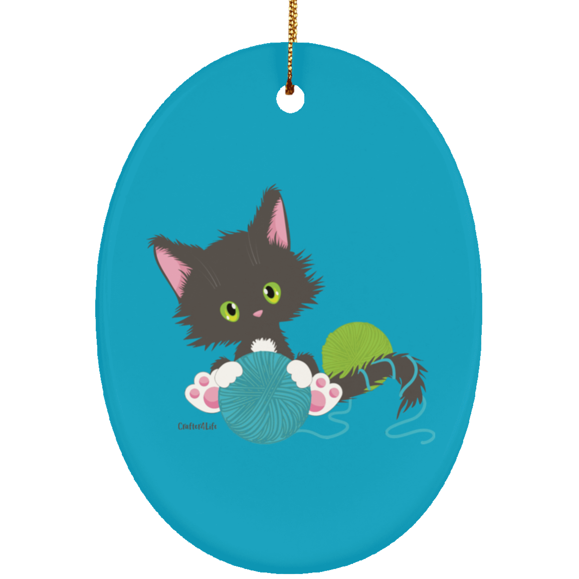 Grey Tuxedo Kitty Holding Ball of Yarn Ornaments