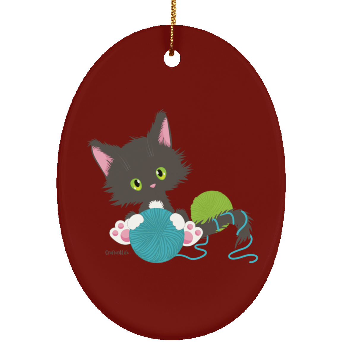 Grey Tuxedo Kitty Holding Ball of Yarn Ornaments