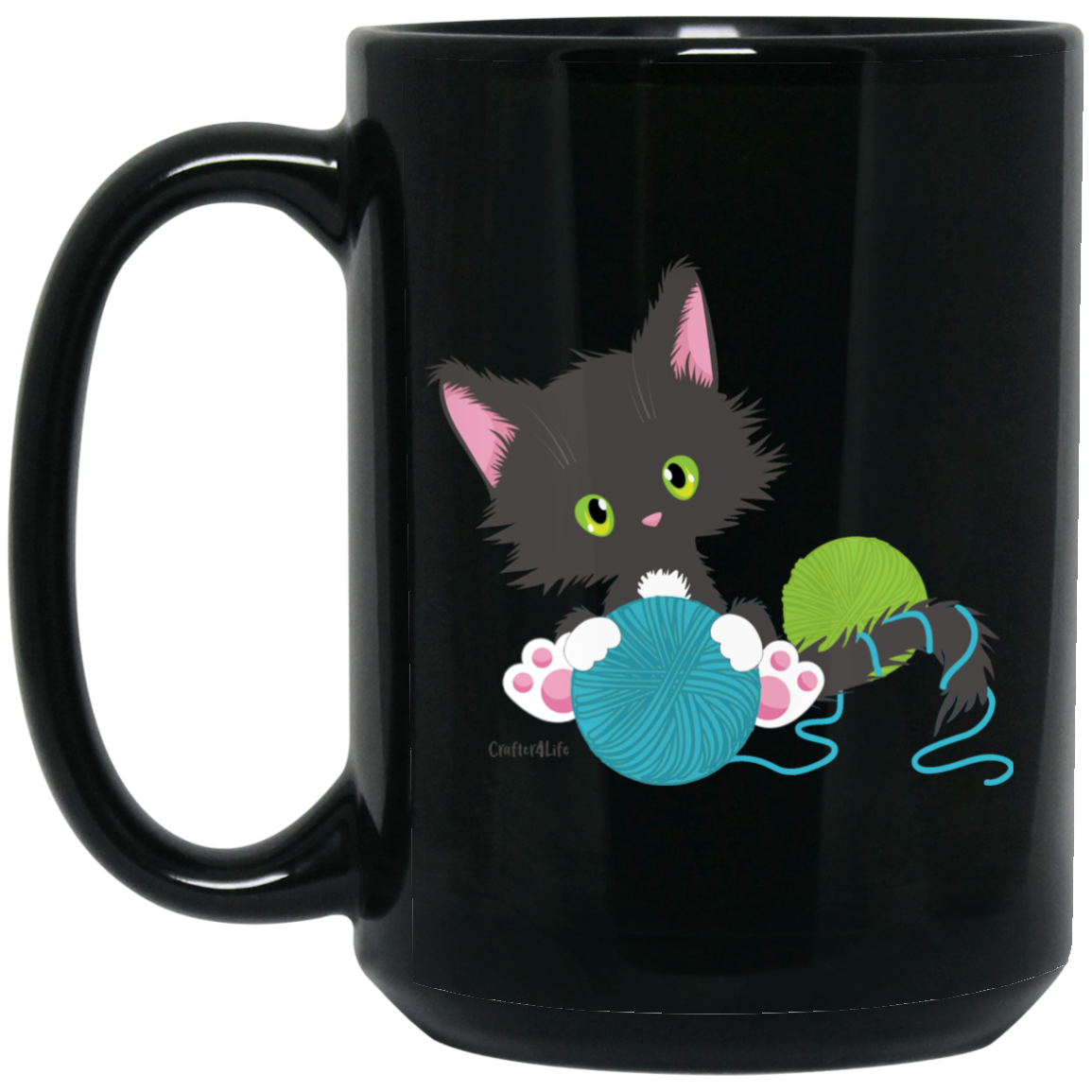 Grey Tuxedo Kitty Holding Ball of Yarn Mugs