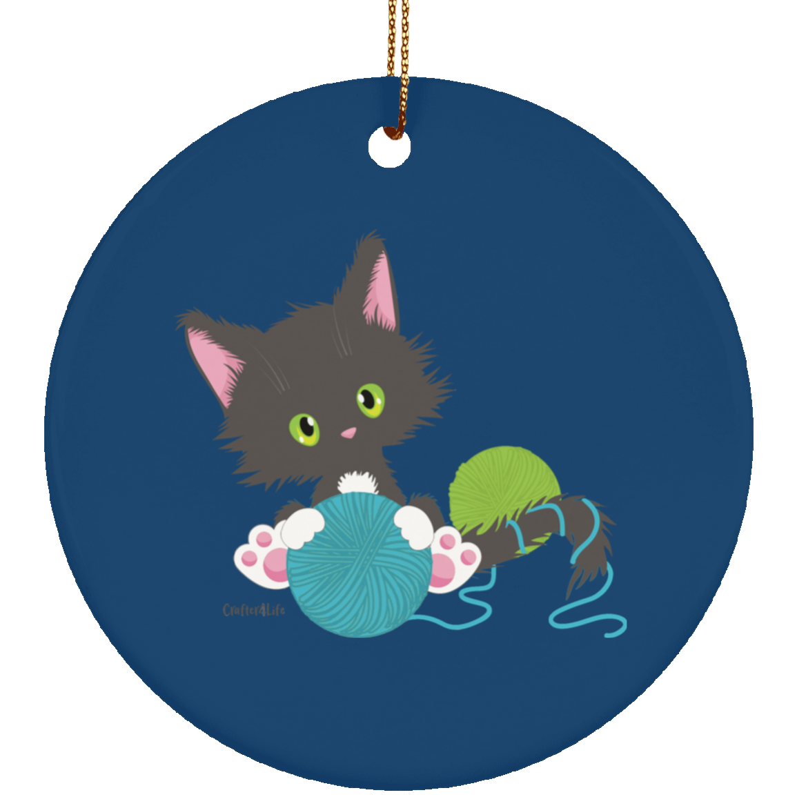 Grey Tuxedo Kitty Holding Ball of Yarn Ornaments