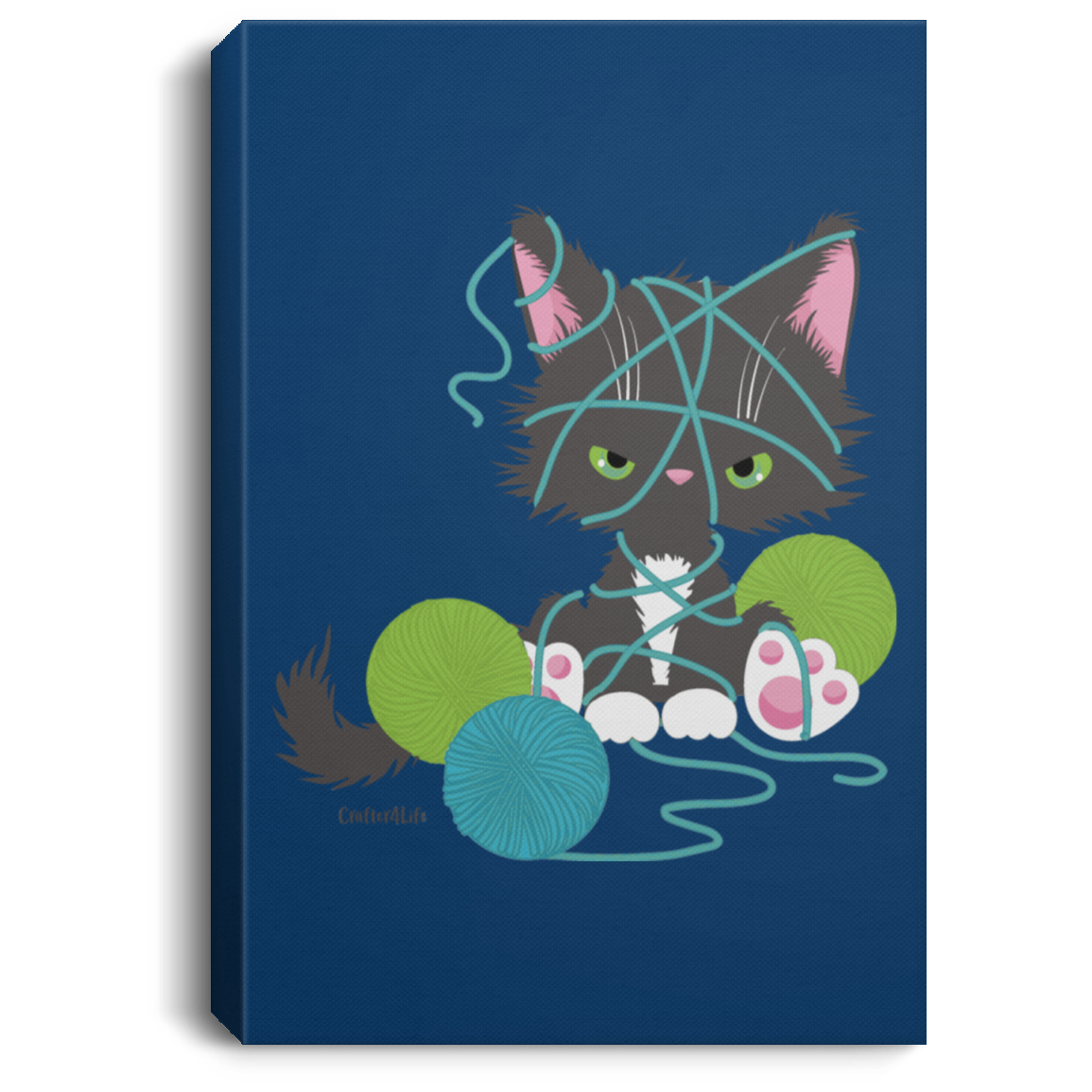 Grey Tuxedo Kitty with Yarn Canvas Wall Art