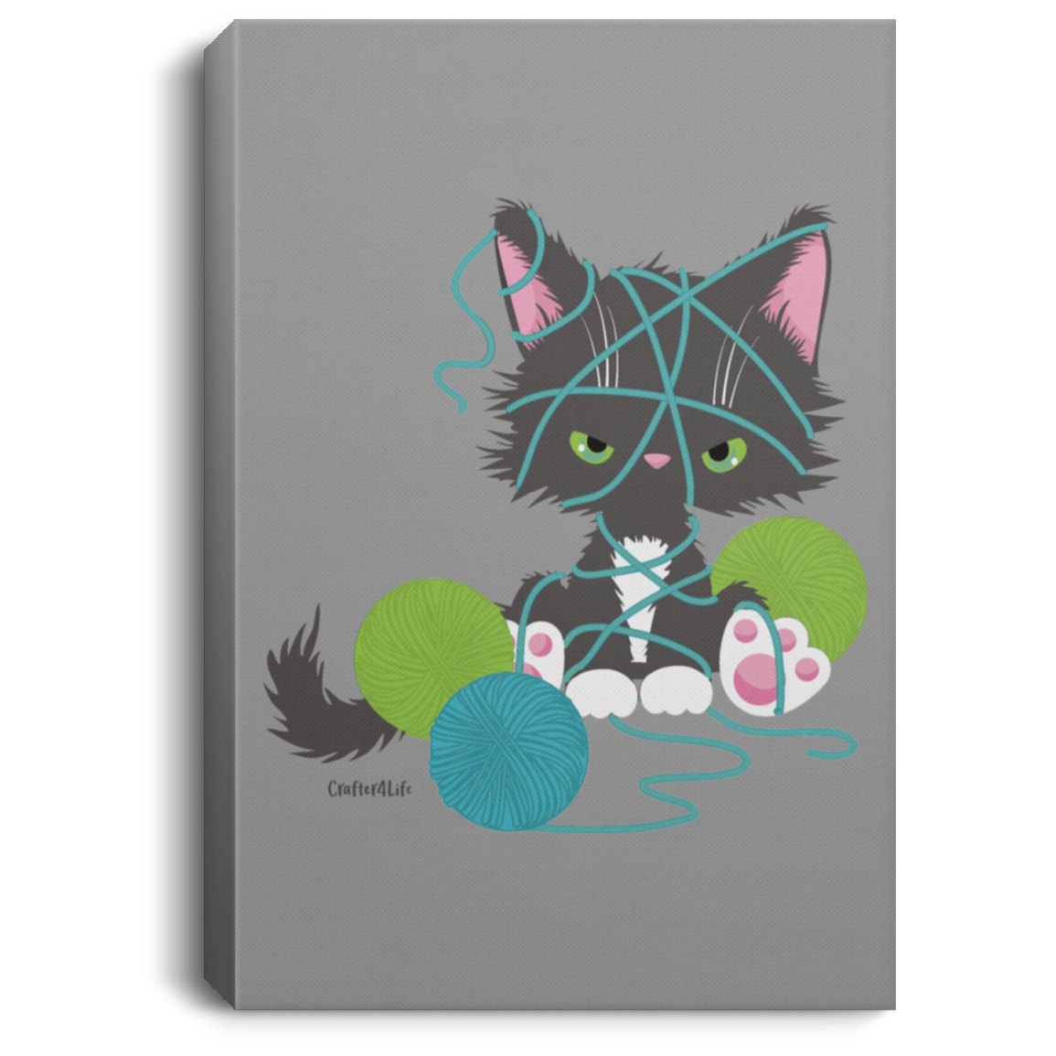 Grey Tuxedo Kitty with Yarn Canvas Wall Art