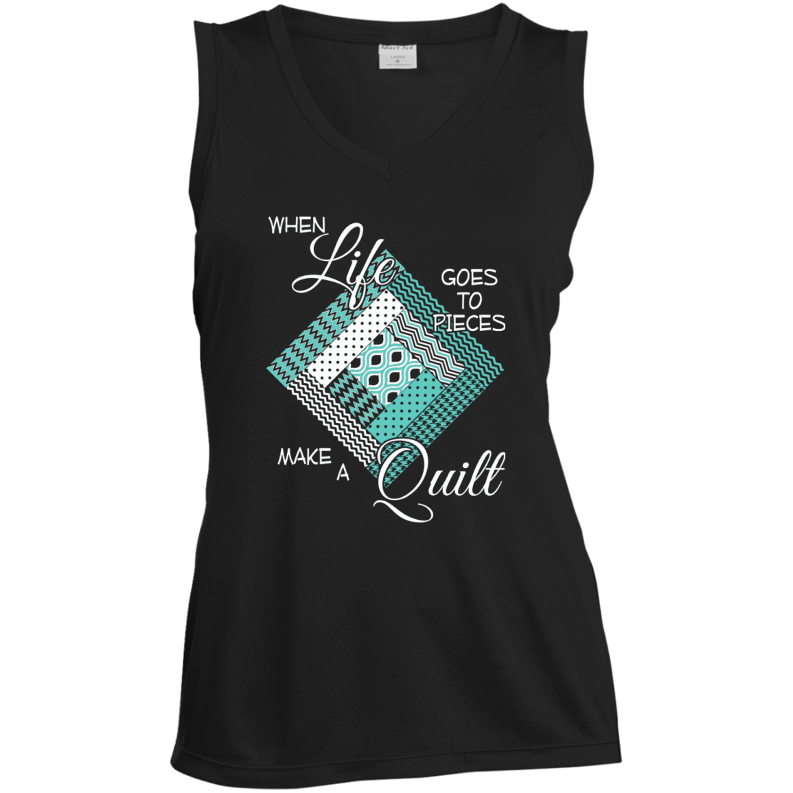 Make a Quilt (turquoise) Ladies Sleeveless V-Neck - Crafter4Life - 1