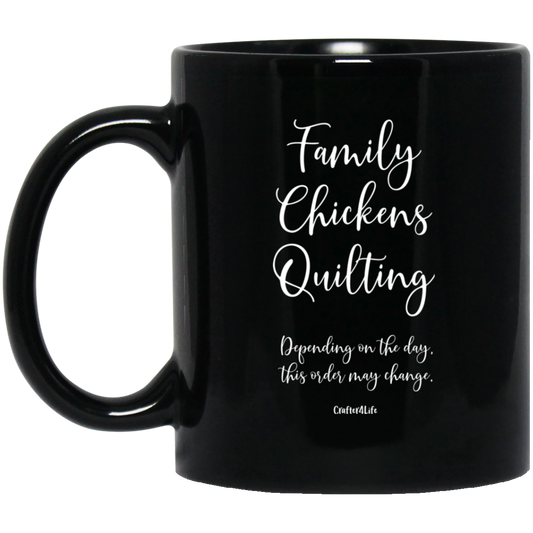 Family-Chickens-Quilting Black Mugs