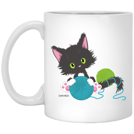 Grey Tuxedo Kitty Holding Ball of Yarn Mugs