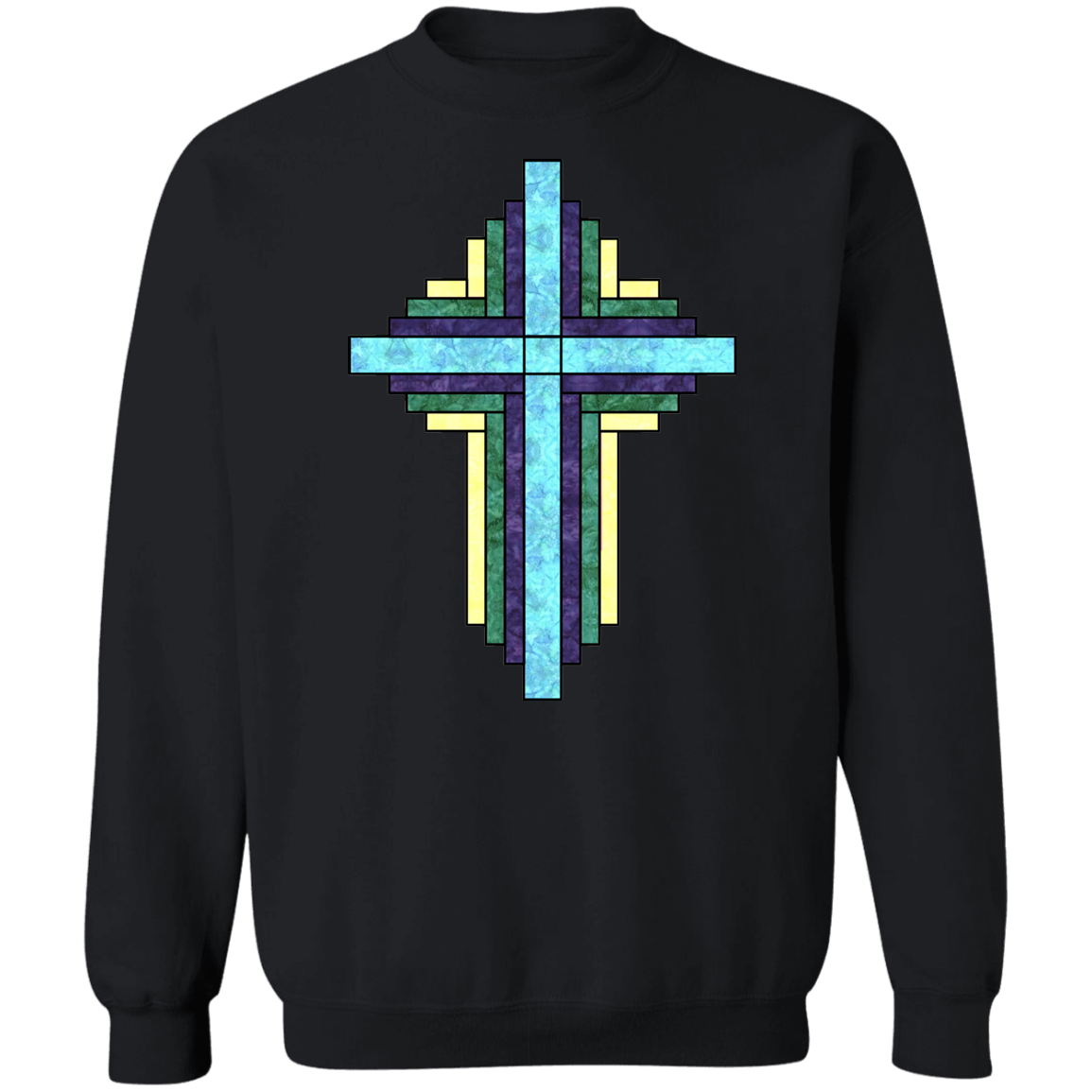 Batik Stained Glass Quilt Cross Crewneck Pullover Sweatshirt