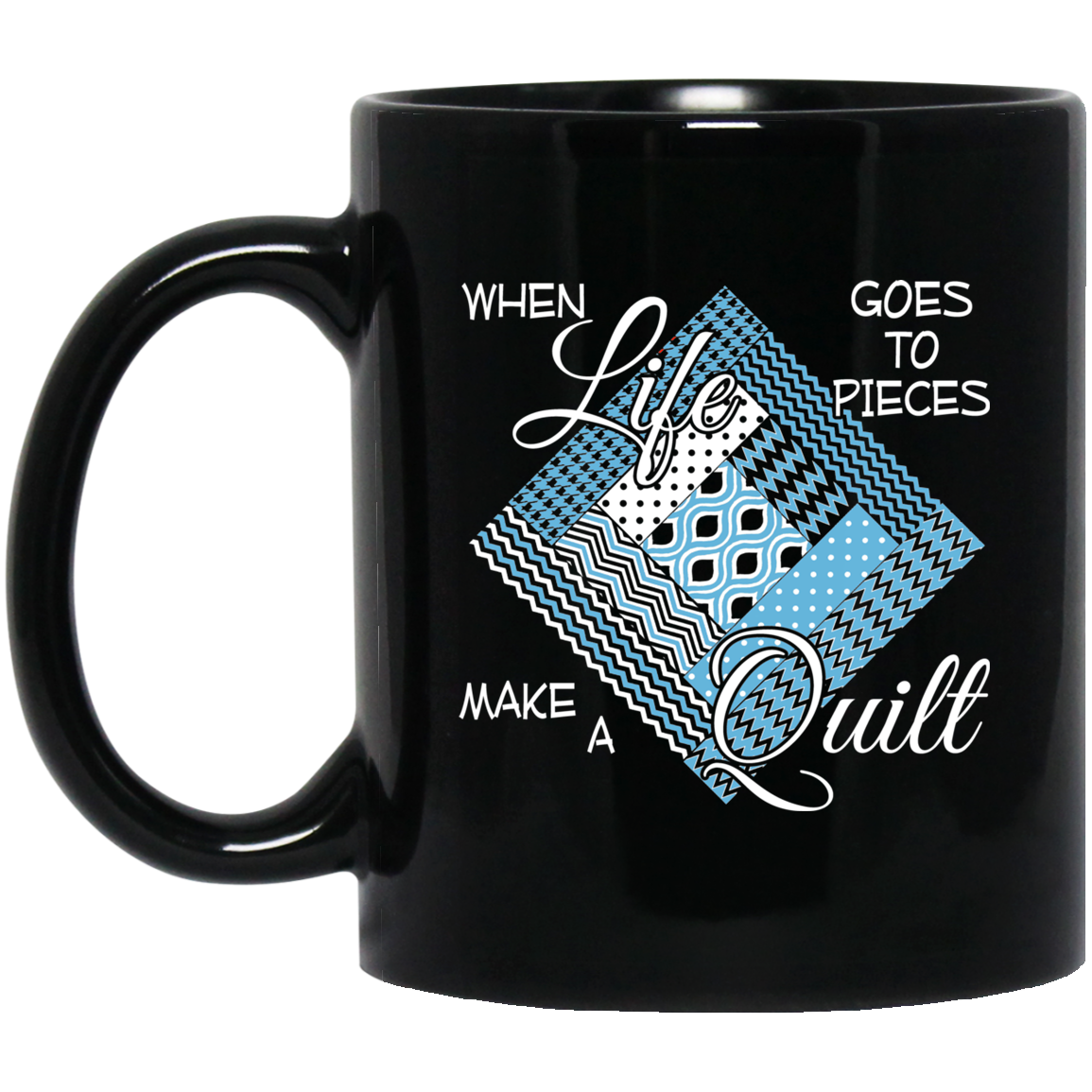 Make a Quilt (blue) Black Mugs