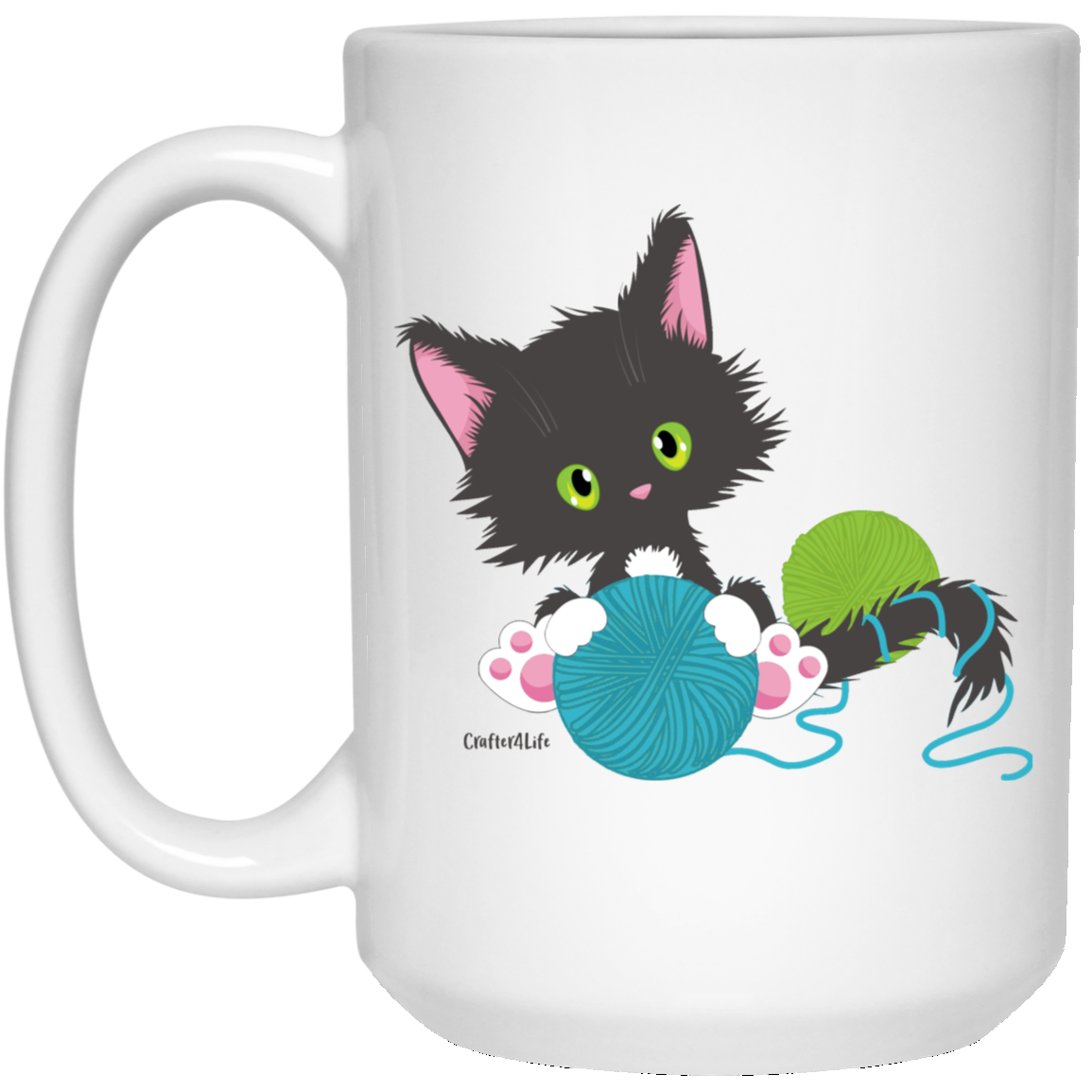 Grey Tuxedo Kitty Holding Ball of Yarn Mugs