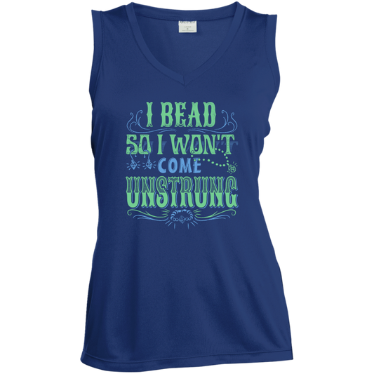 I Bead So I Won't Come Unstrung (aqua) Ladies Sleeveless V-neck - Crafter4Life - 1