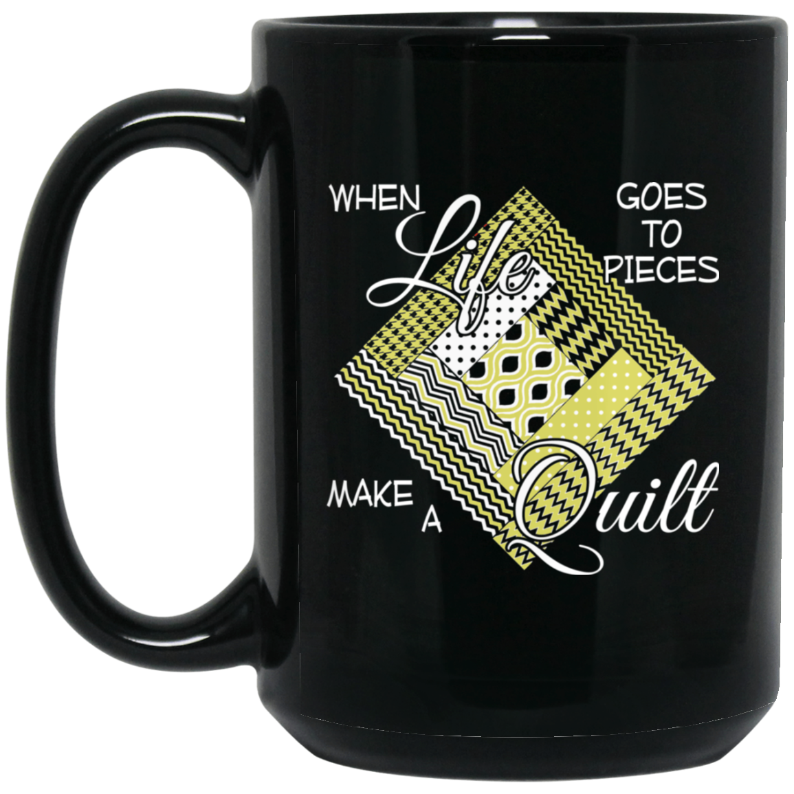 Make a Quilt (yellow) Black Mugs